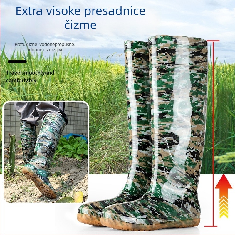 Čizme za kišu za polja riža, visoki otvor, unisex, gornji dio PVC, potplat od gume, protuklizne, PU ulošak