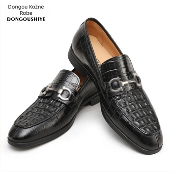 Muške Bean Shoes s prugastim uzorkom, gornji dio od prave krokodilske kože, koža, gumeni potplat, niska peta