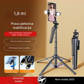 Šestosični četveronožni selfie-stativ s rotacijom od 360° za putovanja, vloganje i prijenos uživo