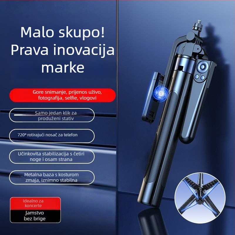 Šestosični četveronožni selfie-stativ s rotacijom od 360° za putovanja, vloganje i prijenos uživo