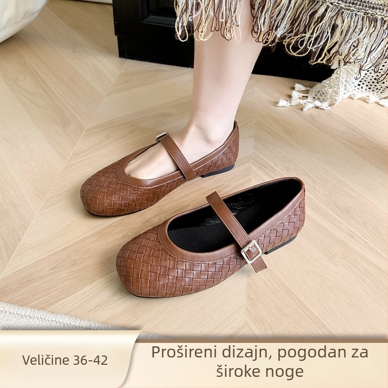 Ženske Mary Jane cipele s pletenim uzorkom, okrugla nosnica, niska potpetica, slip-on zatvaranje