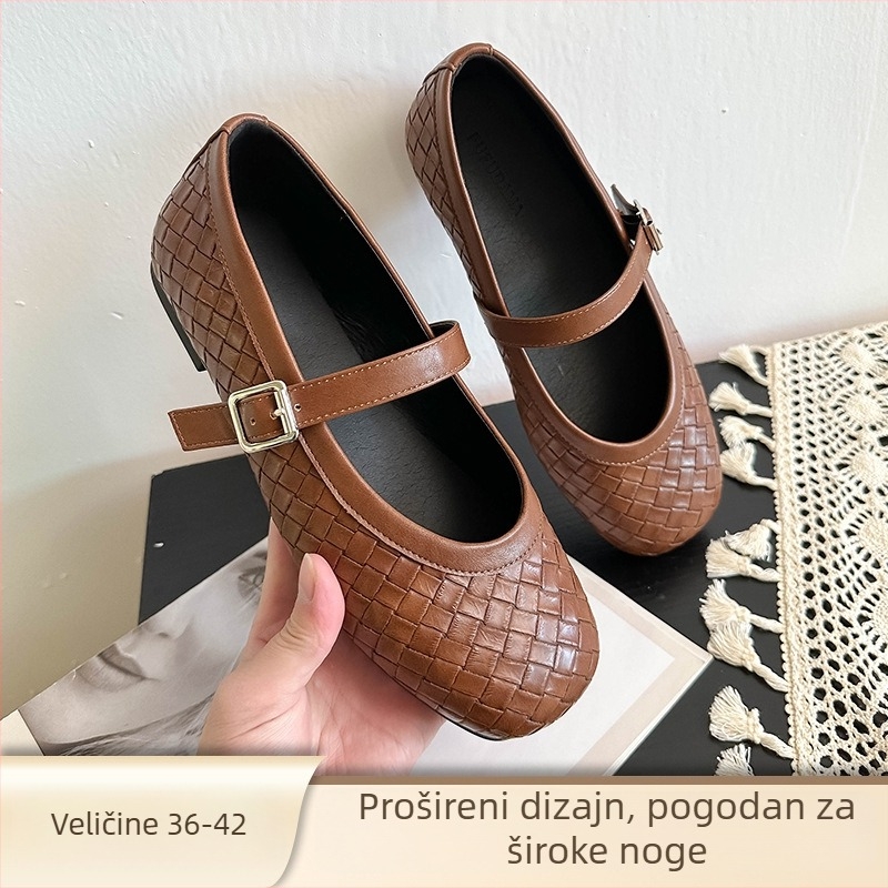 Ženske Mary Jane cipele s pletenim uzorkom, okrugla nosnica, niska potpetica, slip-on zatvaranje