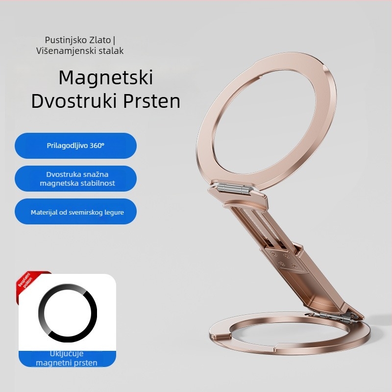 Magnetski držač za telefon s dvostrukim magnetom i proširivim prstenom, aluminijska legura, 2-u-1, MagSafe kompatibilno, otpornost na podrhtavanje