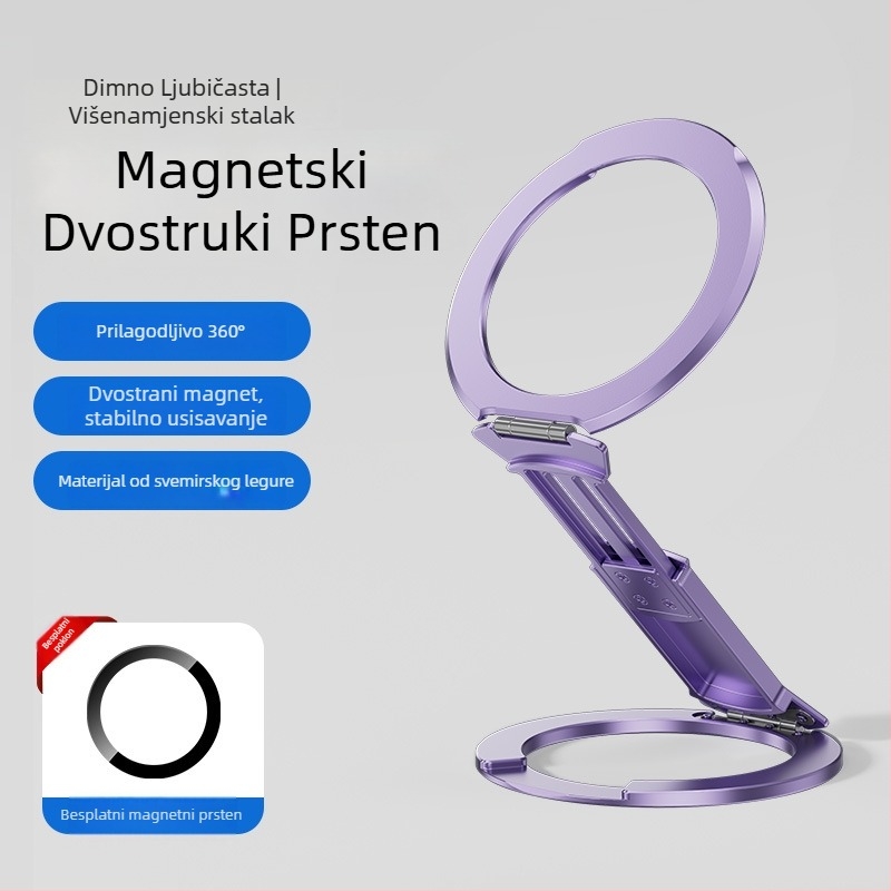 Magnetski držač za telefon s dvostrukim magnetom i proširivim prstenom, aluminijska legura, 2-u-1, MagSafe kompatibilno, otpornost na podrhtavanje