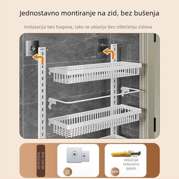 Stalak za skladištenje iza vrata, zidni, 1 etaža, od karbonskog čelika, bez bušenja, kuhinja i kupaonica