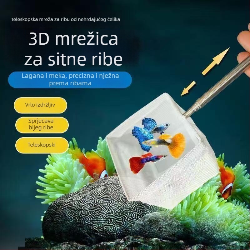 Teleskopska 3D mreža za akvarij za hvatanje guppi, betta i ukrasnih riba, od nehrđajućeg čelika