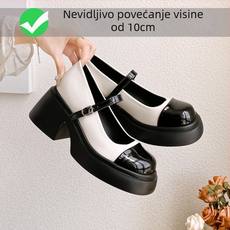 Mary Jane cipele s unutarnjim povećanjem visine, kvadratni vrh, debela platforma, mikrovlakna gornja stranica i podstava, kopča na kaišu