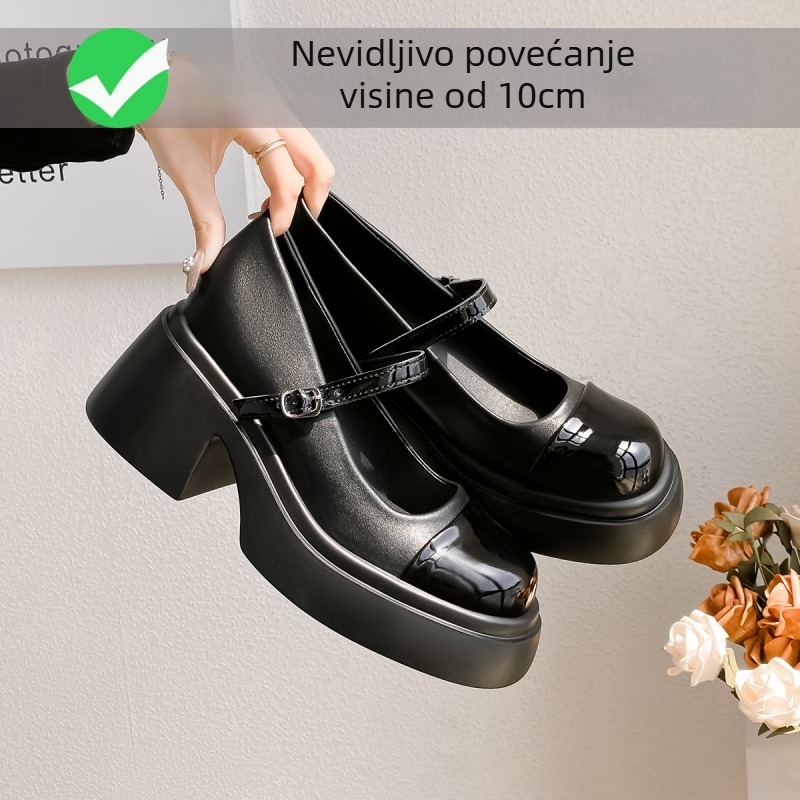 Mary Jane cipele s unutarnjim povećanjem visine, kvadratni vrh, debela platforma, mikrovlakna gornja stranica i podstava, kopča na kaišu