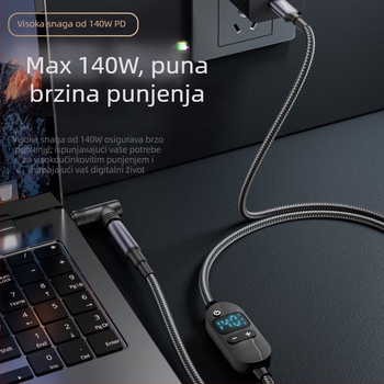 DC na Type-C kabel za prijenosno računalo s digitalnim zaslonom, prilagodljivo napajanje, 140W PD, pleteni kabel