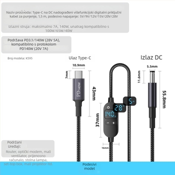 DC na Type-C kabel za prijenosno računalo s digitalnim zaslonom, prilagodljivo napajanje, 140W PD, pleteni kabel