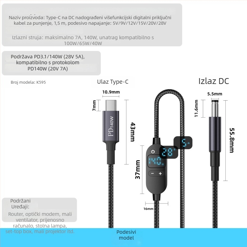 DC na Type-C kabel za prijenosno računalo s digitalnim zaslonom, prilagodljivo napajanje, 140W PD, pleteni kabel