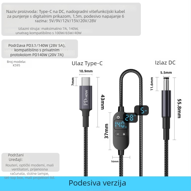 DC na Type-C kabel za prijenosno računalo s digitalnim zaslonom, prilagodljivo napajanje, 140W PD, pleteni kabel