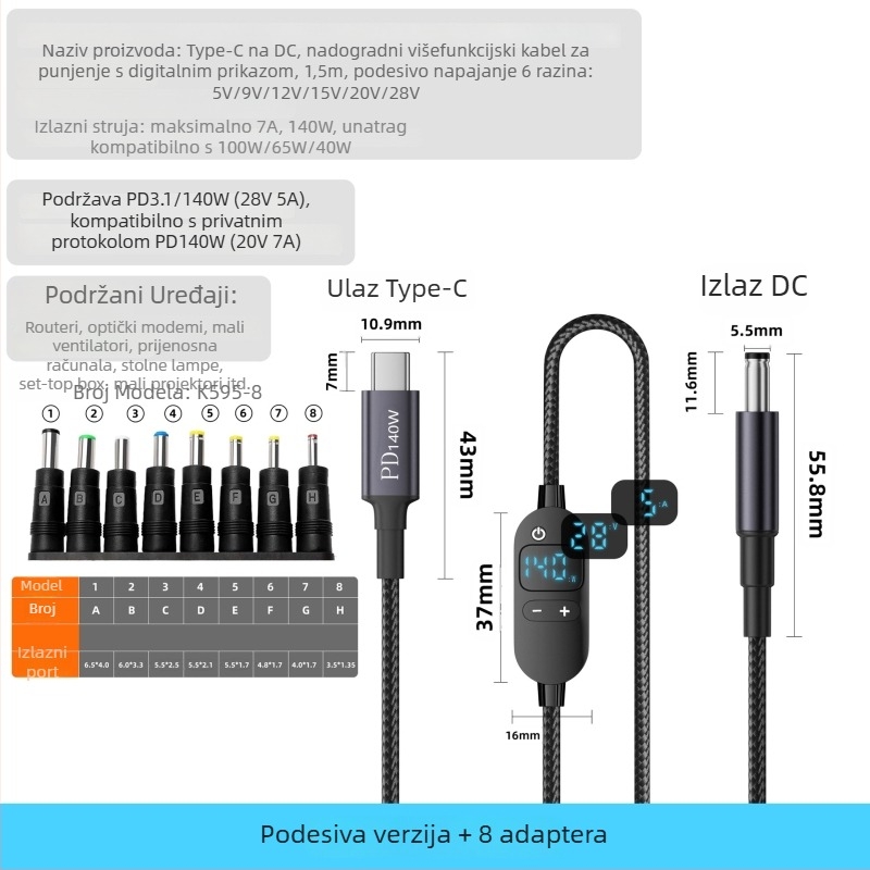 DC na Type-C kabel za prijenosno računalo s digitalnim zaslonom, prilagodljivo napajanje, 140W PD, pleteni kabel