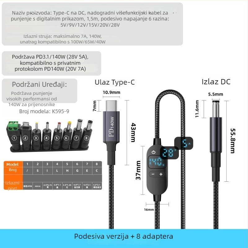 DC na Type-C kabel za prijenosno računalo s digitalnim zaslonom, prilagodljivo napajanje, 140W PD, pleteni kabel