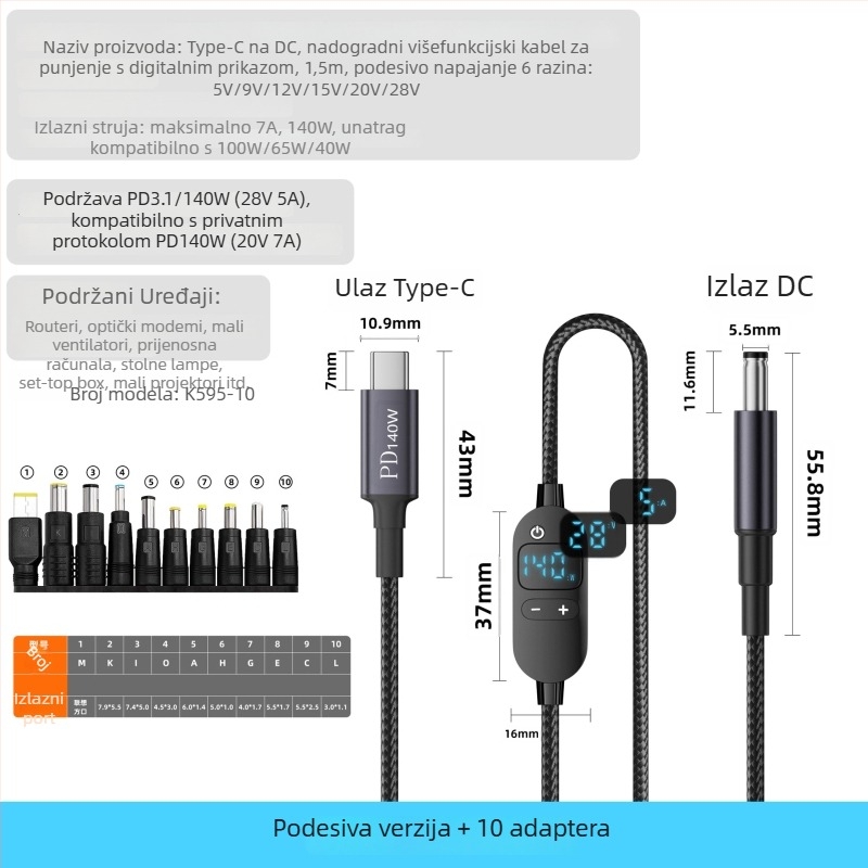DC na Type-C kabel za prijenosno računalo s digitalnim zaslonom, prilagodljivo napajanje, 140W PD, pleteni kabel