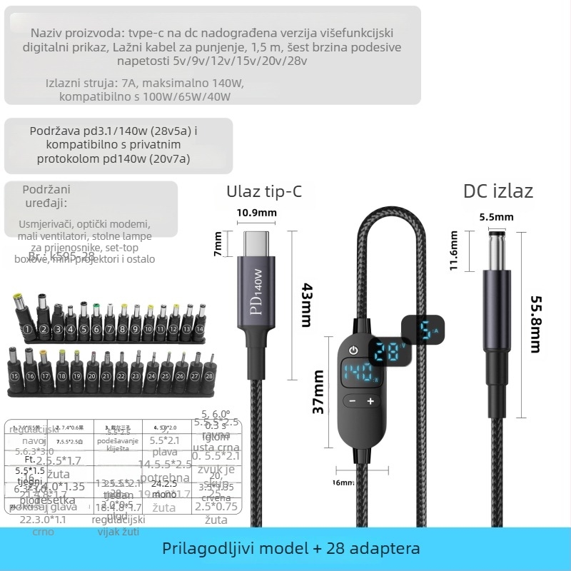 DC na Type-C kabel za prijenosno računalo s digitalnim zaslonom, prilagodljivo napajanje, 140W PD, pleteni kabel