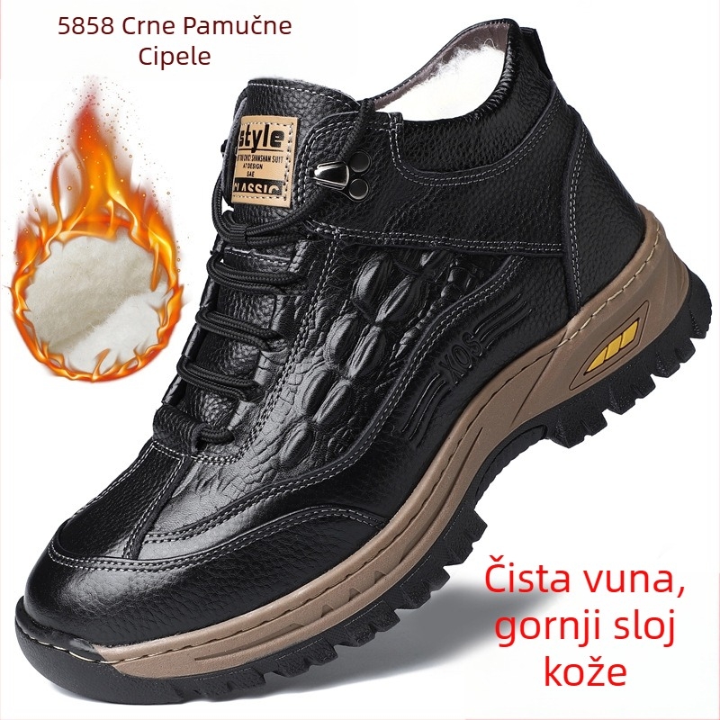 Muške zimske kožne cipele s vunenom podstavom, visoki gornji dio, teleća koža, krokodilski uzorak, gumeni potplat