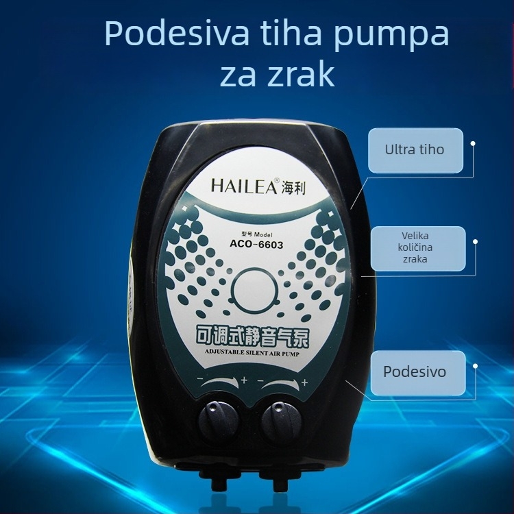 Pumpa za kisik za akvarij — tiha, dvostruka rupa, prilagodljiva; Hailey ACO-6604, težina 40