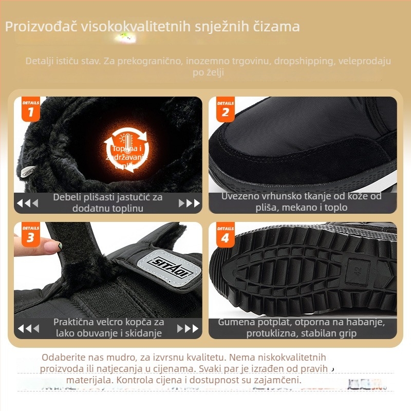 Muške zimske čizme s gornjim dijelom od pamuka, postavom od umjetnog pliša, izdržljiva gumena potplat, visina do gležnja 20–28 cm, protuklizna i apsorpcija udara