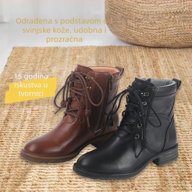 Ženske Martins čizme u britanskom stilu, prirodna svinjska koža, srednja visina, gumena pot, zatvarač, okrugli vrh, peta 3-5 cm