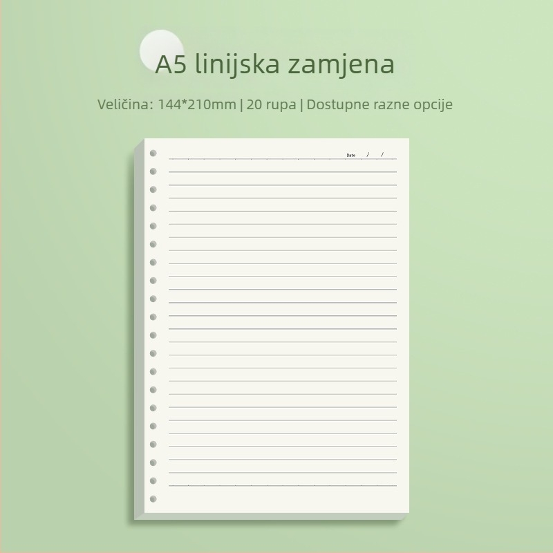 Zamjensko jezgro za blok s slobodnim listovima s horizontalnim linijama i mrežom, Daolin papir, 60 listova, 26 rupa, šifra ZH-1001