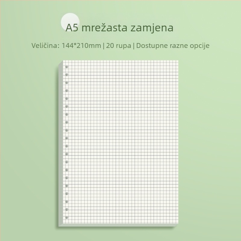 Zamjensko jezgro za blok s slobodnim listovima s horizontalnim linijama i mrežom, Daolin papir, 60 listova, 26 rupa, šifra ZH-1001
