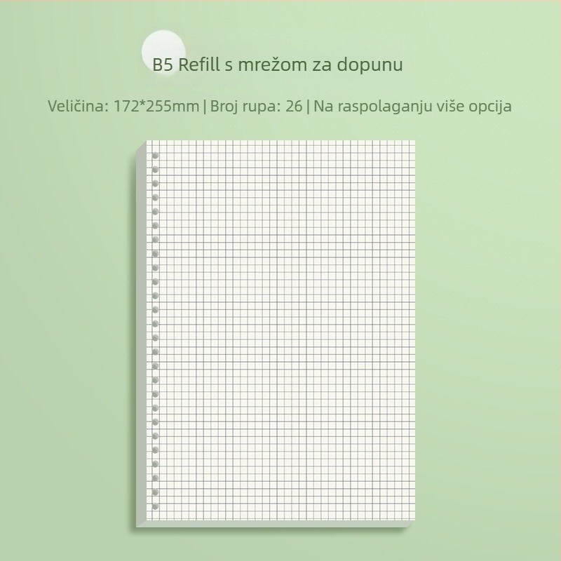 Zamjensko jezgro za blok s slobodnim listovima s horizontalnim linijama i mrežom, Daolin papir, 60 listova, 26 rupa, šifra ZH-1001