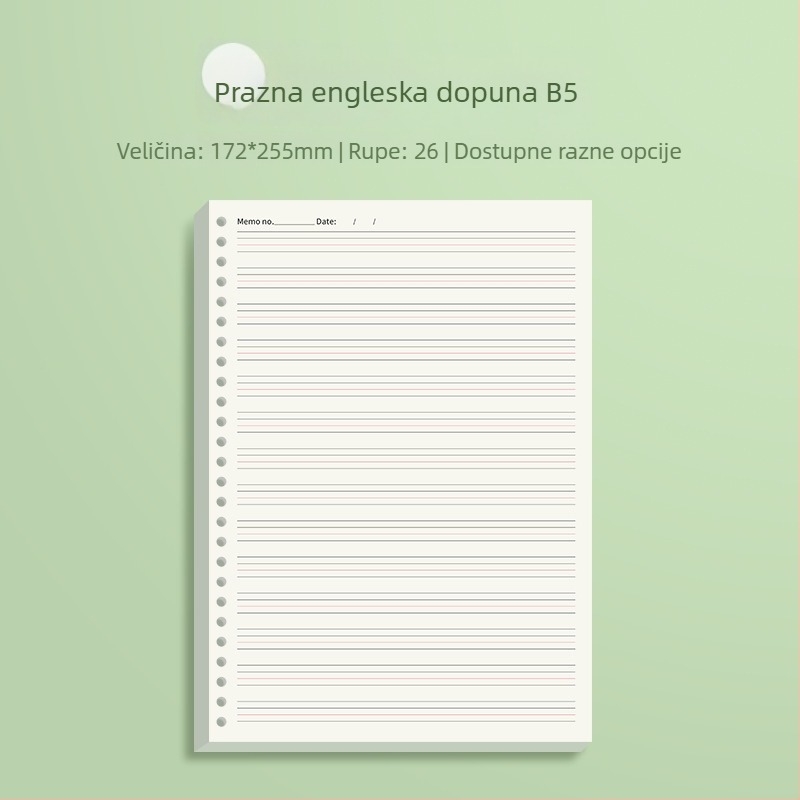 Zamjensko jezgro za blok s slobodnim listovima s horizontalnim linijama i mrežom, Daolin papir, 60 listova, 26 rupa, šifra ZH-1001