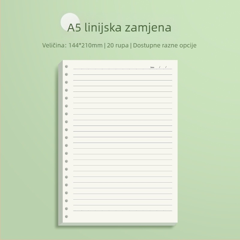 Zamjensko jezgro za blok s slobodnim listovima s horizontalnim linijama i mrežom, Daolin papir, 60 listova, 26 rupa, šifra ZH-1001