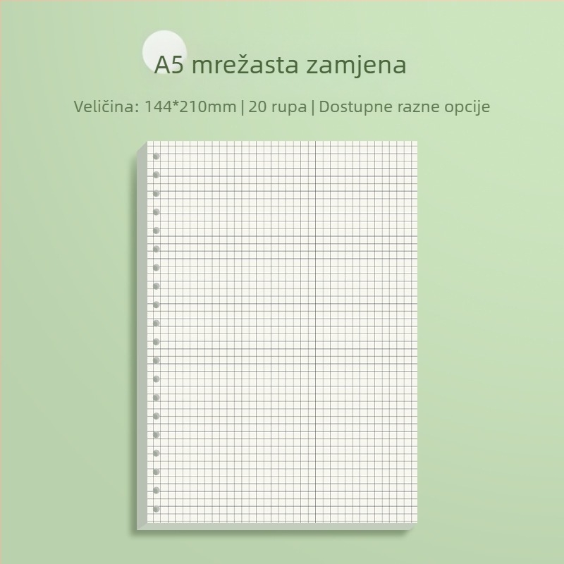 Zamjensko jezgro za blok s slobodnim listovima s horizontalnim linijama i mrežom, Daolin papir, 60 listova, 26 rupa, šifra ZH-1001
