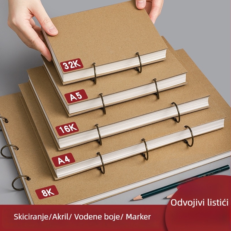 Skic-knjižica s odvojivim metalnim prstenom, listovi slobodnog formata, debele stranice – za umjetnike i djecu
