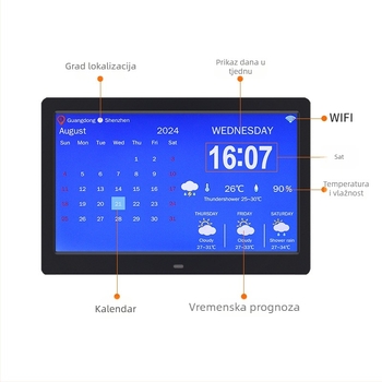 WiFi pametni digitalni sat DPF-808 s senzorom temperature i vlage, video reprodukcija, rezolucija 800x600, SD/USB podrška