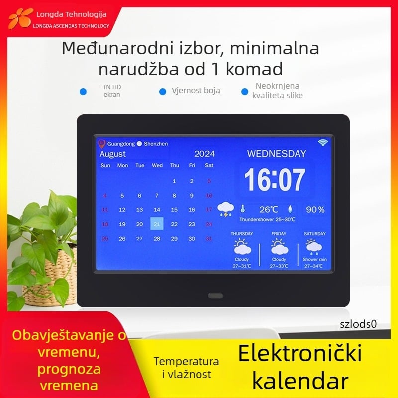 WiFi pametni digitalni sat DPF-808 s senzorom temperature i vlage, video reprodukcija, rezolucija 800x600, SD/USB podrška