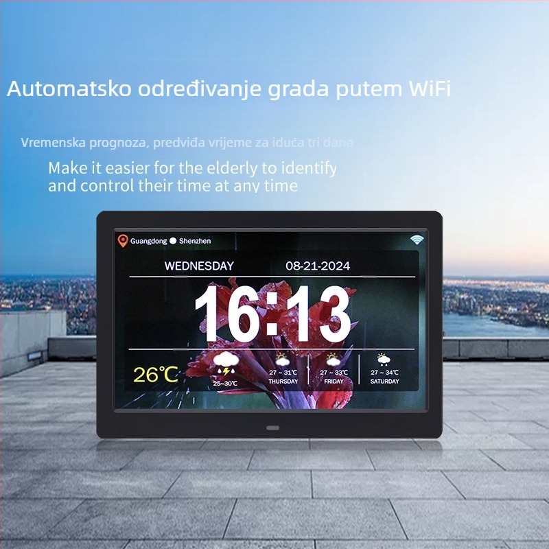 WiFi pametni digitalni sat DPF-808 s senzorom temperature i vlage, video reprodukcija, rezolucija 800x600, SD/USB podrška