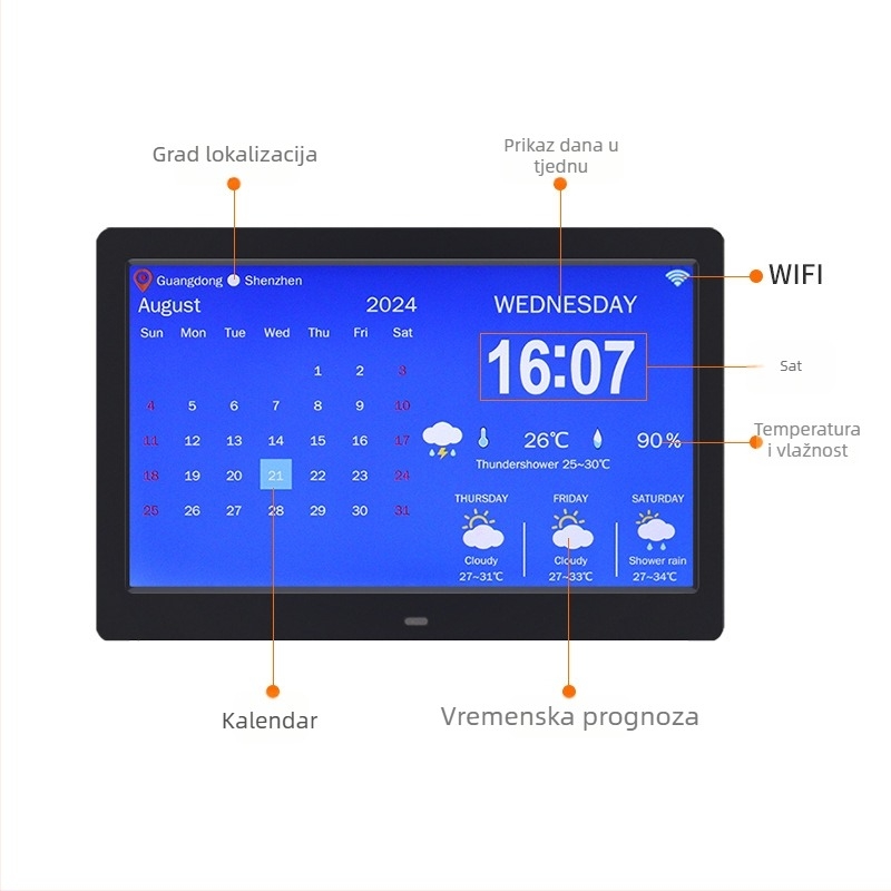 WiFi pametni digitalni sat DPF-808 s senzorom temperature i vlage, video reprodukcija, rezolucija 800x600, SD/USB podrška