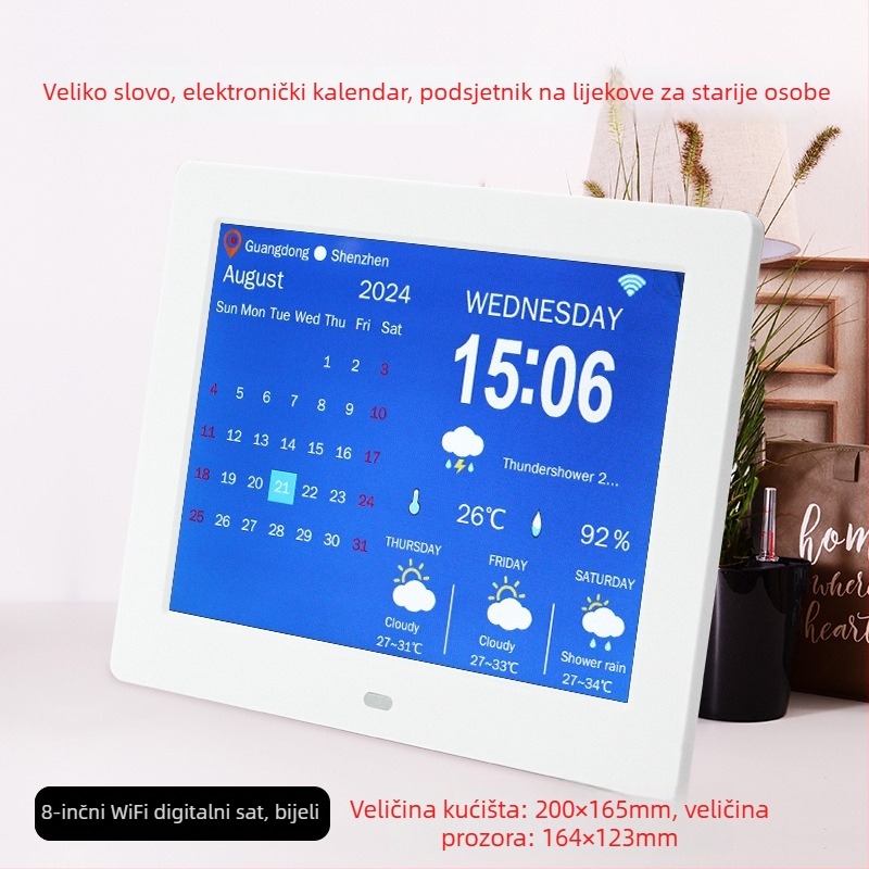 WiFi pametni digitalni sat DPF-808 s senzorom temperature i vlage, video reprodukcija, rezolucija 800x600, SD/USB podrška
