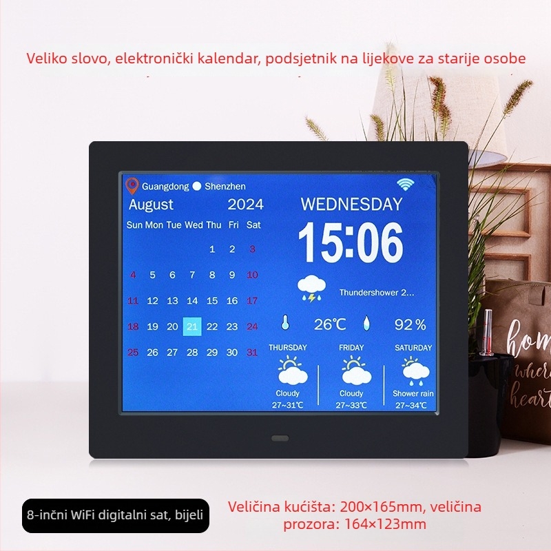 WiFi pametni digitalni sat DPF-808 s senzorom temperature i vlage, video reprodukcija, rezolucija 800x600, SD/USB podrška