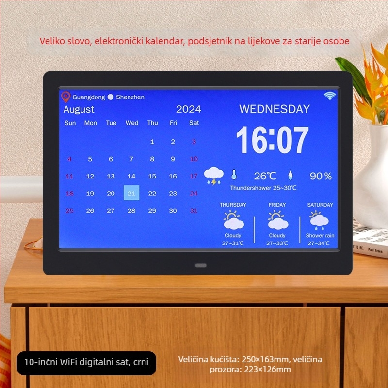 WiFi pametni digitalni sat DPF-808 s senzorom temperature i vlage, video reprodukcija, rezolucija 800x600, SD/USB podrška
