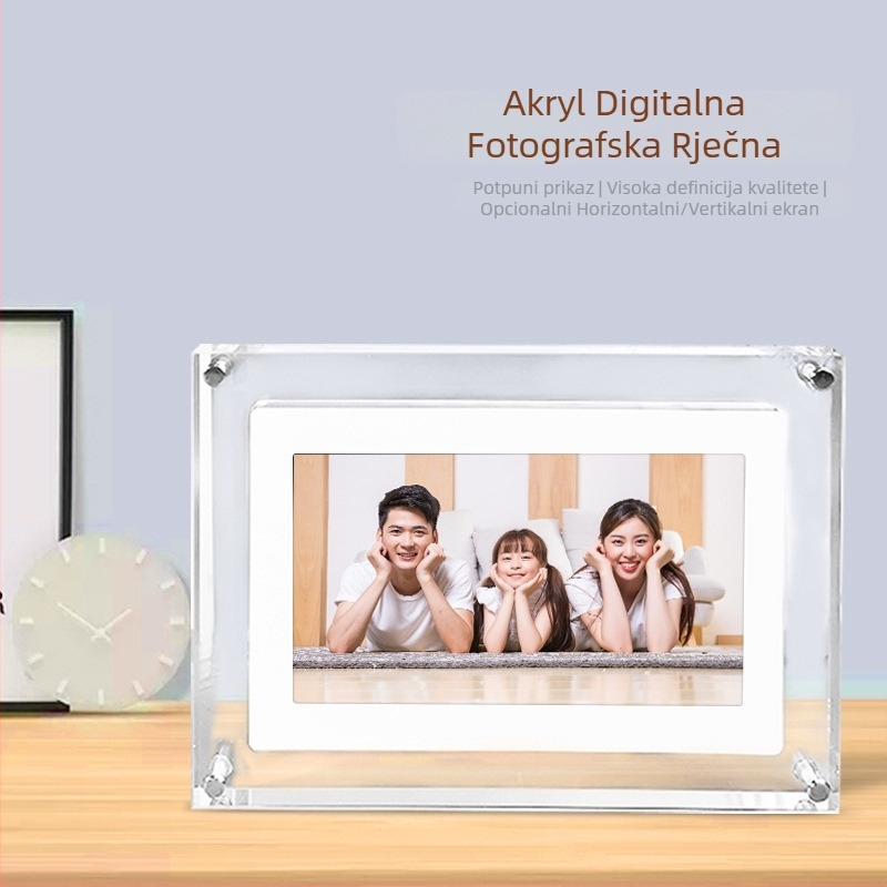 Akrilni digitalni okvir za fotografije, 4GB pohrane, SD kartica podrška, BMP/JPG formati slika, reproducija glazbe i videa