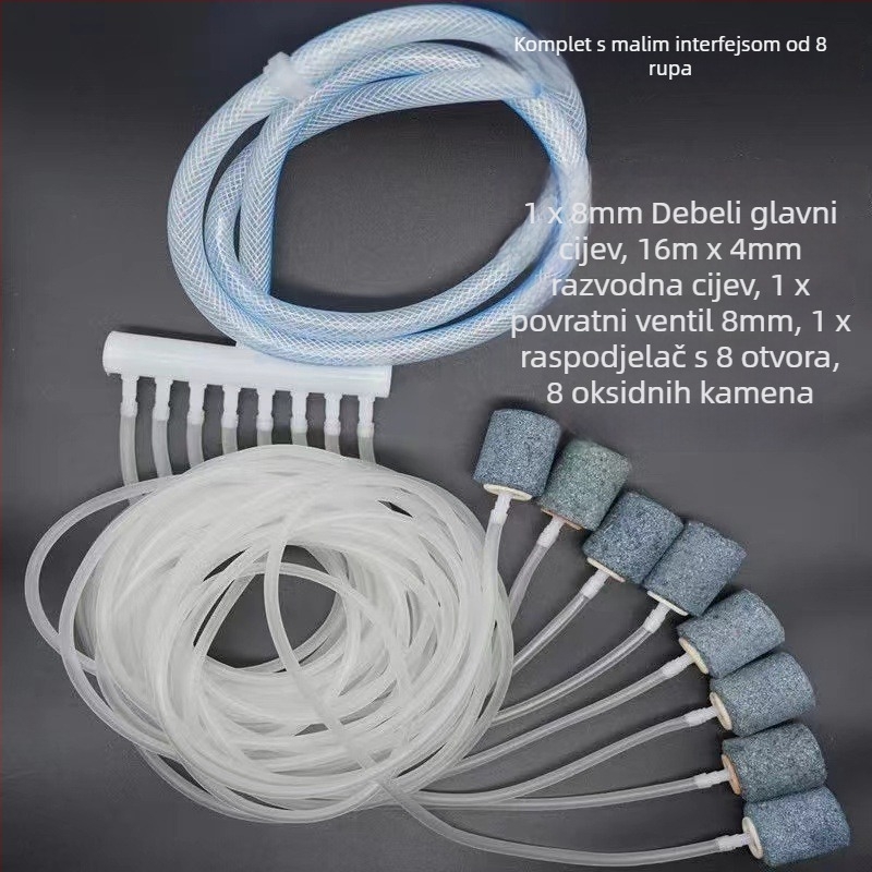 Set za aeraciju akvarija: kamen za mjehuriće, pumpa za kisik, raspodjelnik zraka, cijev za kisik