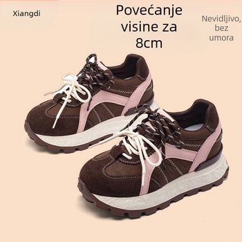 Damske tenisice s 8 cm povećanjem visine, gornji dio od prave kože, EVA debela potplat, prednje vezanje, okrugli vrh
