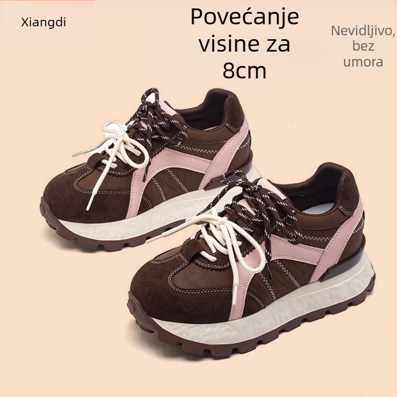 Damske tenisice s 8 cm povećanjem visine, gornji dio od prave kože, EVA debela potplat, prednje vezanje, okrugli vrh
