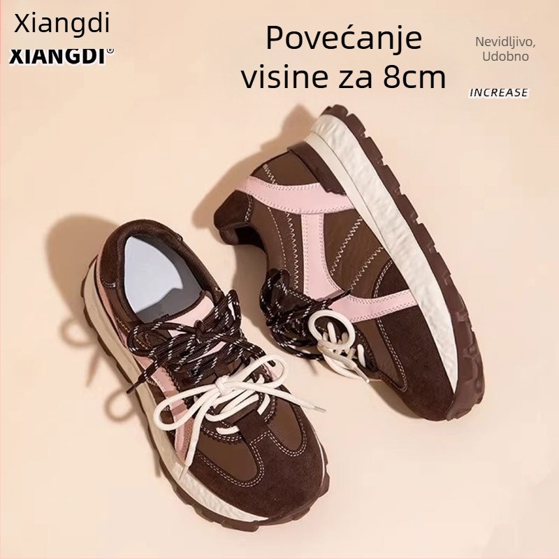 Damske tenisice s 8 cm povećanjem visine, gornji dio od prave kože, EVA debela potplat, prednje vezanje, okrugli vrh