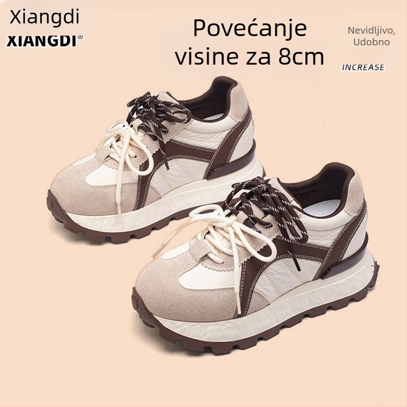 Damske tenisice s 8 cm povećanjem visine, gornji dio od prave kože, EVA debela potplat, prednje vezanje, okrugli vrh