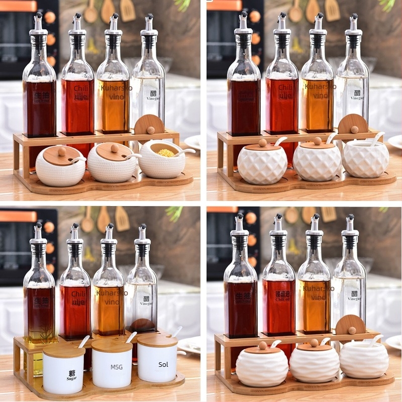 Keramički set posuda za začine u kuhinji — bočice za ulje, sol, sezamovo ulje, umak i ocat s automatskim poklopom, japanski stil