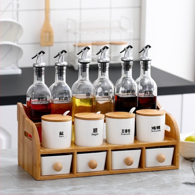 Keramički set posuda za začine u kuhinji — bočice za ulje, sol, sezamovo ulje, umak i ocat s automatskim poklopom, japanski stil