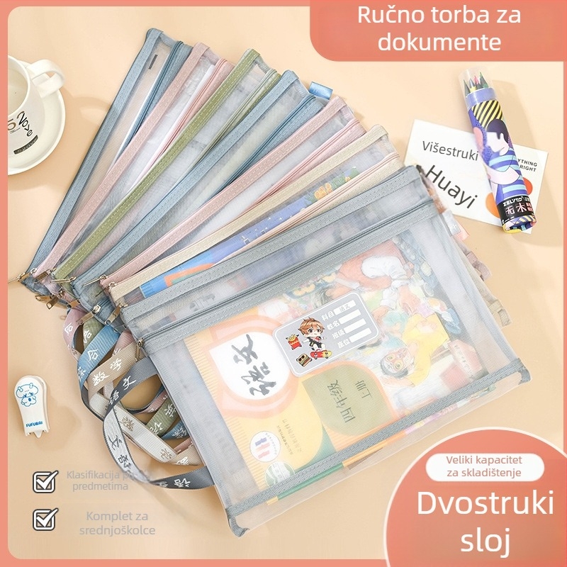 Yifa A4 Studentska Torba s Zipom za Predmete — Najlon Mrežasta Materijal, Cartoon Stil, 35 g (jednostruki) / 50 g (dvostruki)