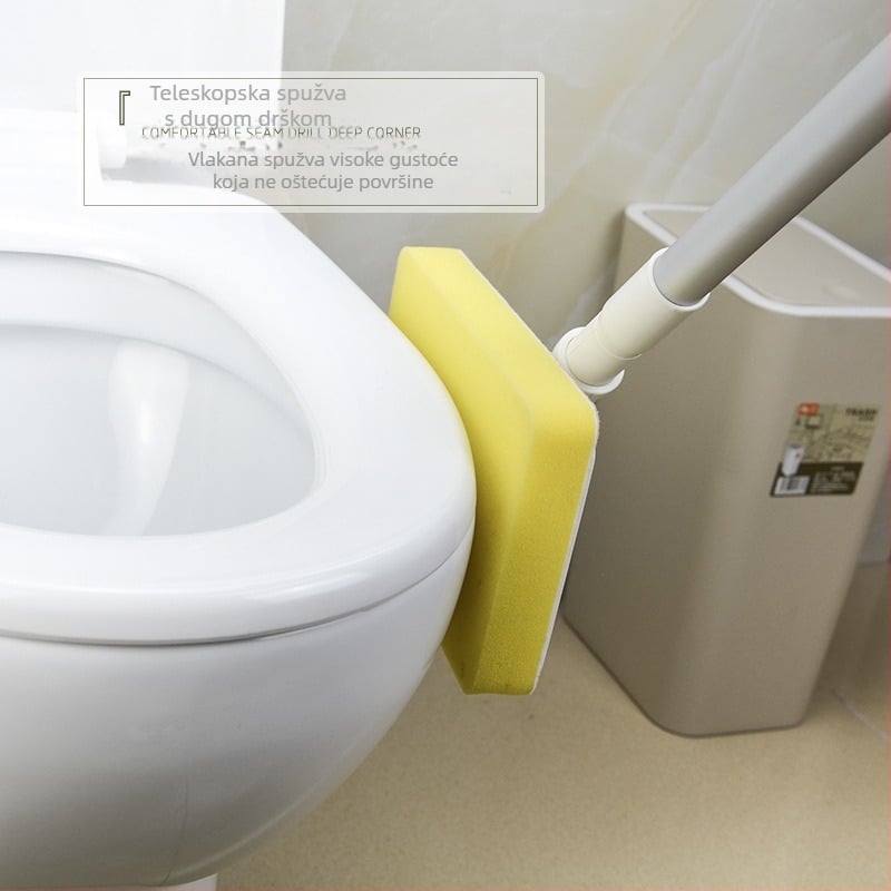 Kupaonska četka s dugom držalom i spužvom za čišćenje pločica u kupaonici i kuhinji — materijali: PP + aluminijska šipka + spužva visoke gustoće; težina 313 g