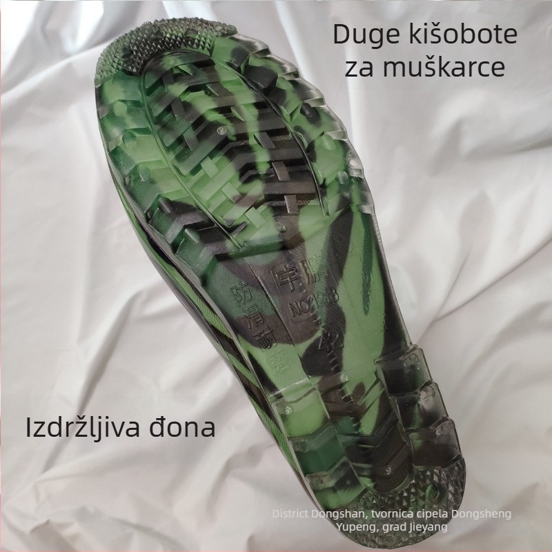 Muške kamuflažne visoke čizme za kišu; PVC gornji dio; plastični potplat; vodootporne; niski potpetica 1–3 cm.