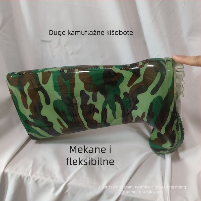 Muške kamuflažne visoke čizme za kišu; PVC gornji dio; plastični potplat; vodootporne; niski potpetica 1–3 cm.
